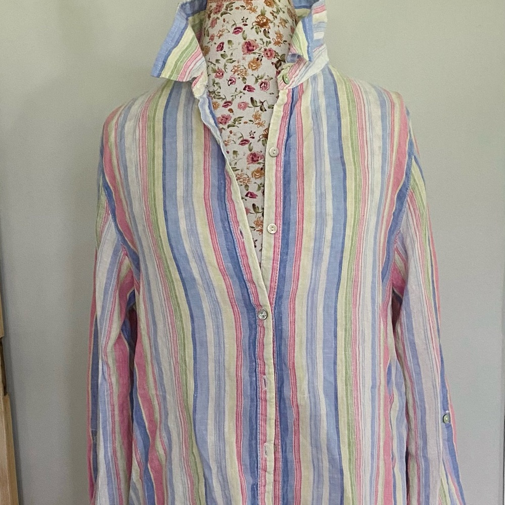 St. Tropez West Colorful Striped 100% Linen Button-Up Tunic Shirt - Large